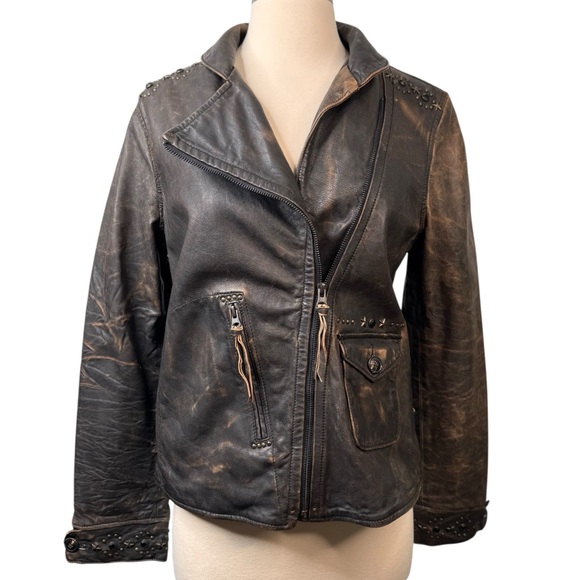 NWOT Dylan Brown Distressed Embellished Leather Bomber Jacket S - Picture 1 of 16